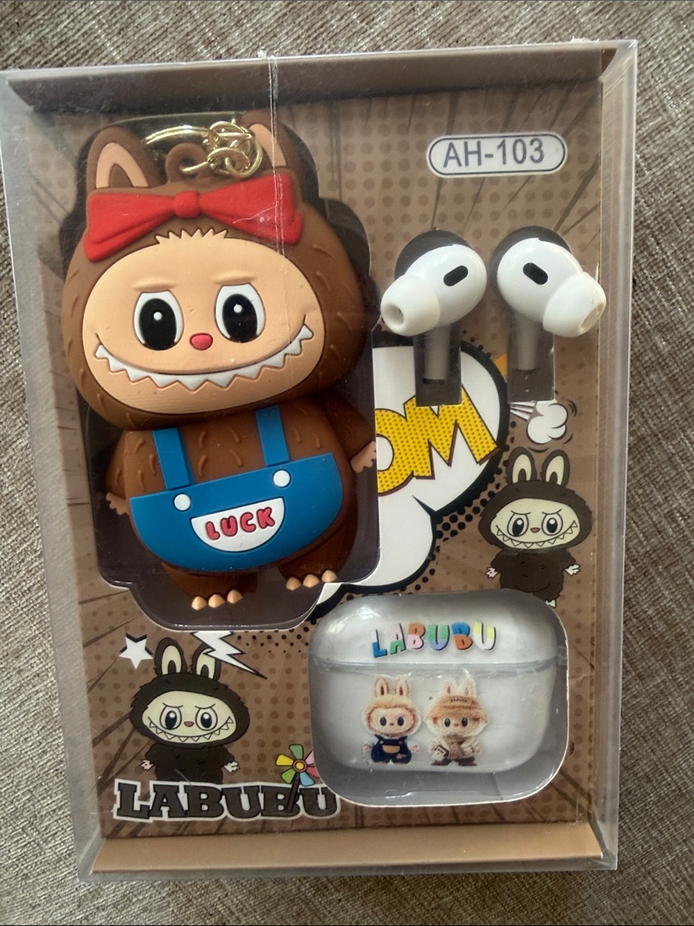 LABUBU Kids Earbud Case & White Earbuds - Brown Red Blue Character Set